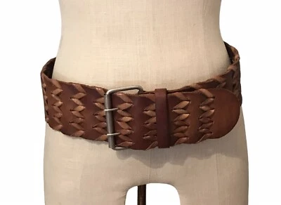 WCM New York Woven Leather Belt VTG Extra Wide 3” Cognac Brown Women’s Sz L - Image 1 of 4
