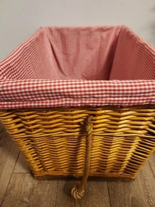 Pottery Barn Kids Large Rolling Wicker Storage Basket with Red Gingham Liner 18" - Picture 1 of 6