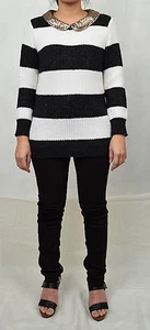  Suéter tejido cuello lentejuelas Pim Larkin negro blanco a rayas oro XS - Imagen 1 de 10