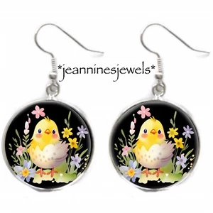 Easter Chick Earrings Silver Charm Dangle Spring Flowers Easter Basket Gift - Picture 1 of 12