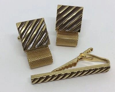 Juego de gemelos y barra de corbata envolvente de malla para hombre Dante tono dorado y esmalte marrón  Foto 1 de 4