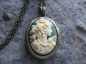 Victorian Woman Portrait Cameo Bronze Locket- Cream on Olive Green -Antique Look
