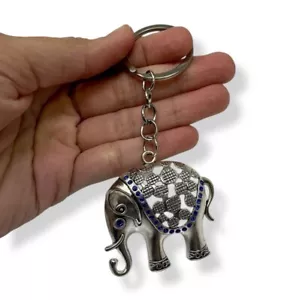 Elephant Keychain Silvertone with Blue Accents – Lightweight Bag or Purse Charm - Picture 1 of 9