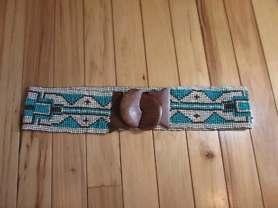 Brown Wood Buckle Beige Turquoise Brown Beaded Stretch Belt 3" Wide Size M-L - Image 1 of 4