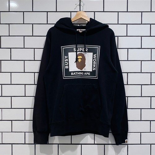 A BATHING APE (BAPE) FELPA CON CAPPUCCIO PULLOVER BAPE SUPER BUSY WORKS NERA NEGOZIO SCOLORIMENTO