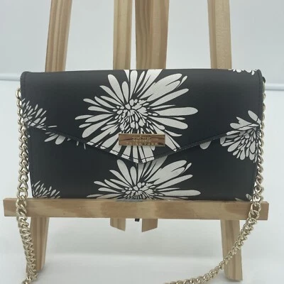 Trina Turk Floral Black Crossbody Trifold Wallet Envelope Clutch Gold Chain - Image 1 of 4