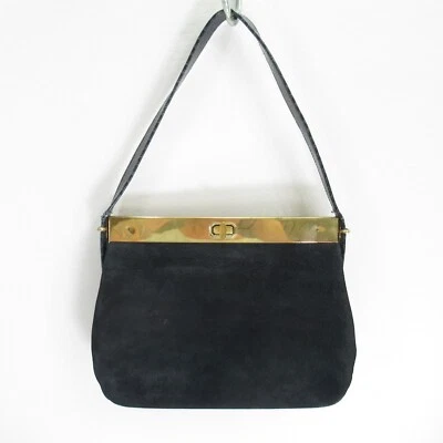 Bolso de Mano Vintage Bloque Negro Gamuza Dorado Bisagras Cartera Bolso de Noche Forrado Satinado Foto 1 de 4