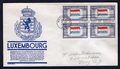 USA 1943 FDC Cover. Overrun Countries. Luxembourg. Block of 4 - Image 1 of 2