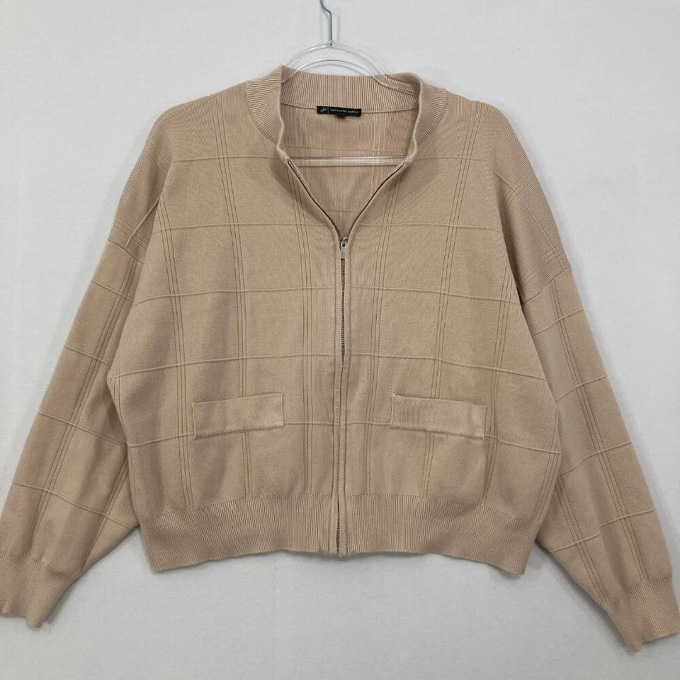 Chaqueta Adrianna Papell Grande Crema Malva Relajada Cremallera Tejida a Cuadros Texturizada Foto 1 de 4