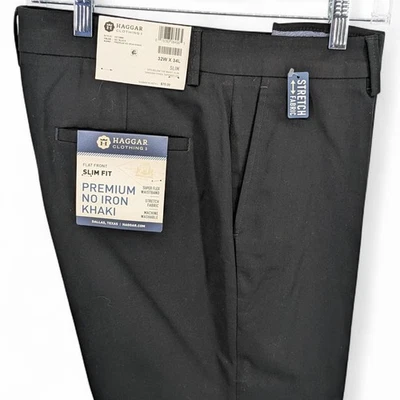 Pantalón informal Haggar Premium para hombre sin hierro caqui calce ceñido frente plano negro 32 x 34 Foto 1 de 4