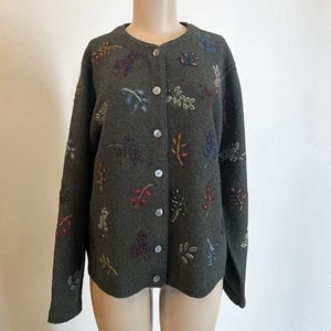 Eagle’s Eye 100% Wool Floral Leaf Embroidered Button Down Cardigan Green Sz XL - Picture 1 of 9