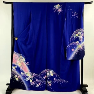 Japanischer feiner Kimono SEIDE "FURISODE", Pflanzen, Sakura, Blattgold, Schattierung L5'6"..4205 - Bild 1 von 12