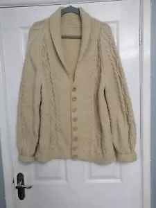 HANDMADE MENS 40-42"CHEST BEIGE FISHERMAN CABLE ARRAN CHUNKY KNIT WOOL CARDIGAN - Picture 1 of 10