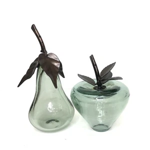 Vintage Smokey Hand Blown Art Glass Fruit Metal Stem Leaves MCM ( Set of 2) - Picture 1 of 7