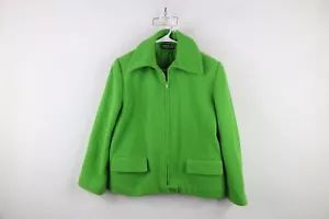 Vintage 90s Streetwear Womens Large Blank Wool Full Zip Bomber Jacket Lime Green - Picture 1 of 12