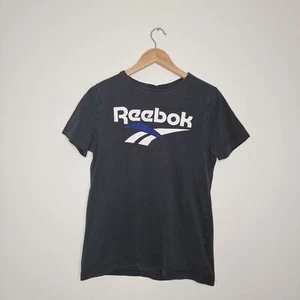 Reebok Shirt Womens Small Black Logo Print Spell Out Gym Workout Top Short Sleev - Picture 1 of 10