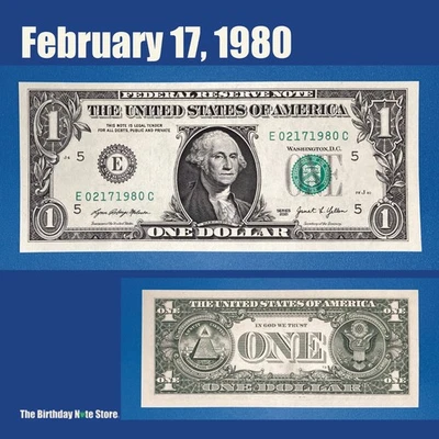 February 17, 1980 Birthday Anniversary $1 One Dollar Bill Serial Number 02171980 - Image 1 of 2