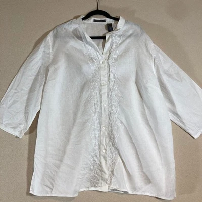 Top de lino Liz Claiborne 3X blanco bordado abotonado manga 3/4 country costero Foto 1 de 4