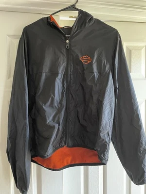 Harley Davidson Wind & Rain Jacket Black & Orange Lined Hooded Men’s Sz Large - Image 1 of 3