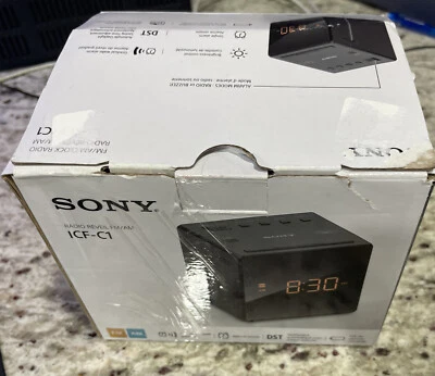 Sony ICF-C1 Desktop Alarm Clock AM FM Radio Black Automatic Set UP With Box - Image 1 of 4