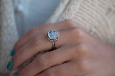 Arcobaleno Pietra Di Luna Gemma 925 Argento Sterling Artigianale Anello - Immagine 1 di 4