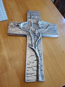 Handmade Pewter Cross 14"×9"×.75" Embossed with Tree, Birds, Cloud and Sun EUC - Picture 1 of 12