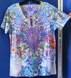 Cute KIARA Knit TOP Multi-color w BLING V-Neck SHORT Sl NUBBY Fabric Sz L - Bild 1 von 6