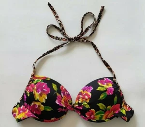 Victorias Secret Swim Push Up Gold Chain BIKINI Top 32B Floral Black Leopard 3M4 - Picture 1 of 8