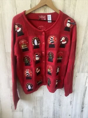 Vintage Holiday Lodge by North Crest Snowglobe Large Christmas Cardigan Sweater - Image 1 of 4