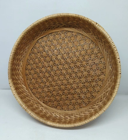 Vtg Woven Bamboo Basket Round Bowl 11.5" Diameter Boho Decor Cover