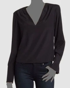 $378 Frame Women's Black Pleated V-Neck Long Sleeve Pullover Silk Blouse Top XL - Picture 1 of 4