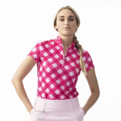 NUEVO Polo de golf Daily Sports para mujer Estelle Dahlia rosa a cuadros 1/4 cremallera XXL NUEVO CON ETIQUETAS Foto 1 de 3