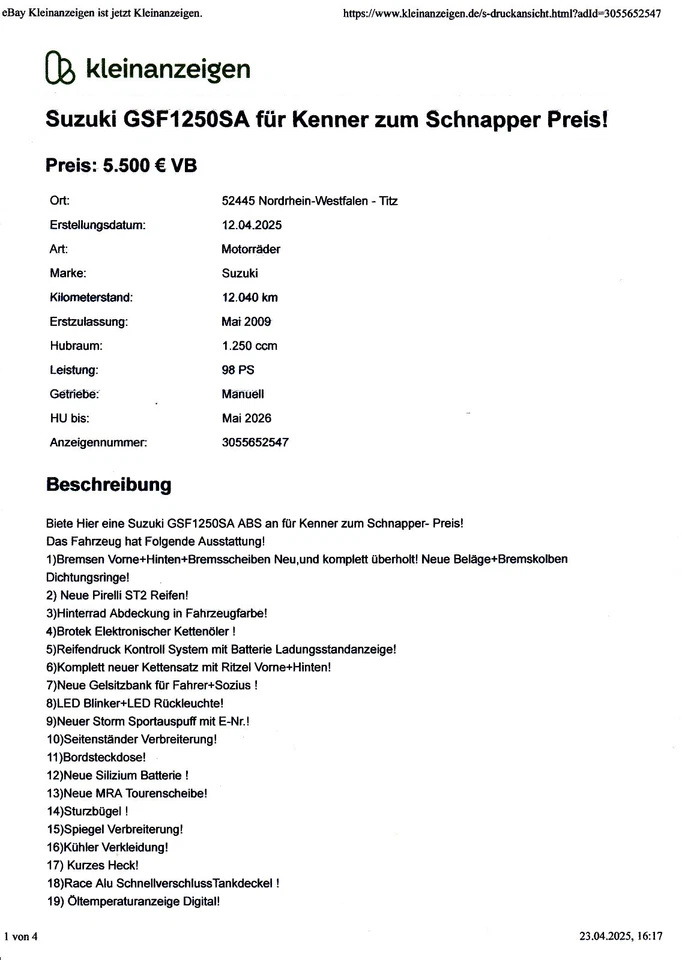 suzuki gsf 1250 sa 2009 bandit - Bild 1 von 3