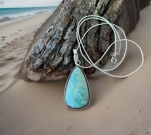 Amazonite Gemstone Pendant Necklace-925 Sterling Silver plated-New - Picture 1 of 3