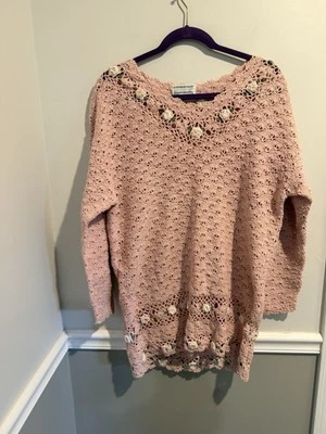 Suéter Romántico De Colección Cottagecore Tejido a Mano Abuela Jardín Rosetas Floral Rosa Foto 1 de 4