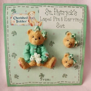 Cherished Teddies St. Patricks Pin and CLIP Earrings Set 1995 903132 Green Irish - Picture 1 of 2