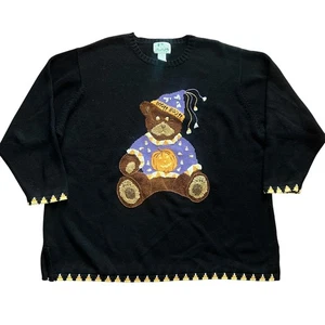 The Quaker Factory 2X Halloween Teddy Bear Crewneck Sweater Black Vintage Spooky - Picture 1 of 11