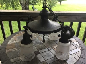 Antique Brass 4 Bulb Hanging Chandelier With Shades And Ceiling Plate - Picture 1 of 12