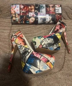 Herstyle Magazine Print Size 8 stiletto Heels W/ Matching Shoulder Clutch Purse - Picture 1 of 11