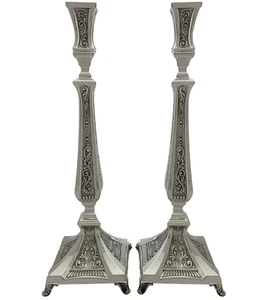 925 STERLING SILVER HANDMADE CHASED SWIRL ORNATE MATTE SHINY SQUARE CANDLESTICKS - Picture 1 of 3