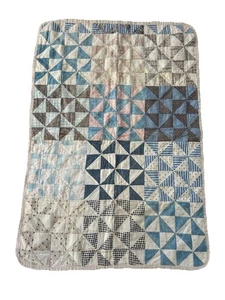 Antique Handmade 37X27” Child Quilt  Colors Blue Textile Calico Homespun 1800’s - Picture 1 of 14