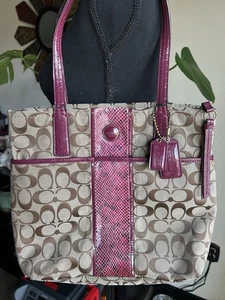 Coach Signature Raspberry Pink Python Stripe Canvas Tote Satchel/Shoulder Purse - Picture 1 of 17