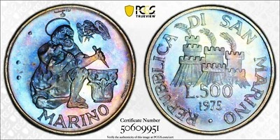PCGS MS67 1975 San Marino Numismatic Agency 500 Lire Toned - Image 1 of 3