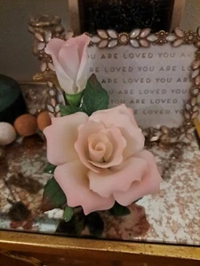 Mothers Day~Meico Pink Rose W/ Bud on Log Porcelain Flower Figurine - Picture 1 of 4