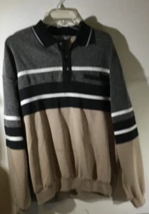 L D Sport Mens Golf Shirt Large Long Sleeves Striped Black/Tan/White Cotton/Poly - Picture 1 of 5