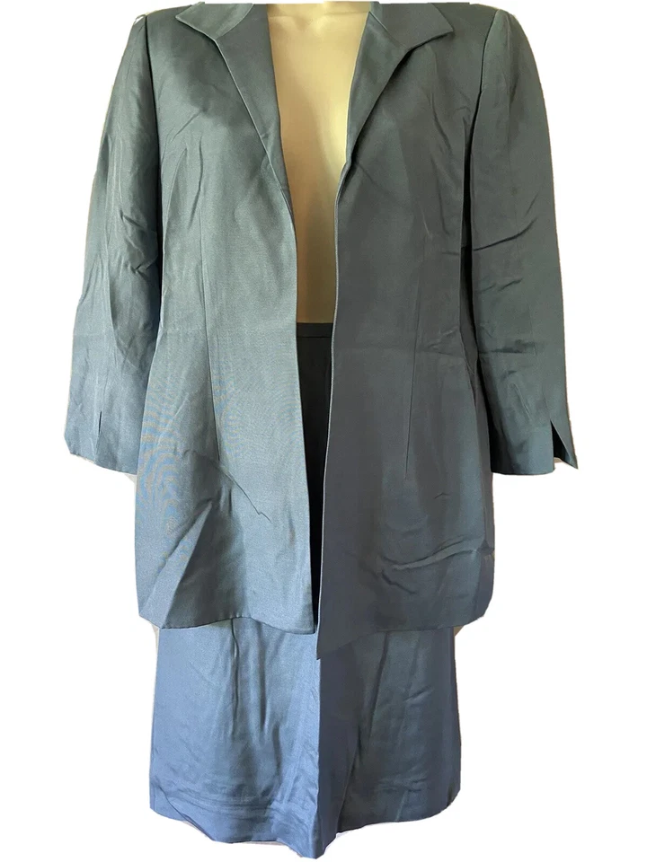 De Colección Y2K Dana Buchman Falda Traje 8 Azul Seda Mezcla Lana Frente Abierto Chaqueta Clásica Foto 1 de 4