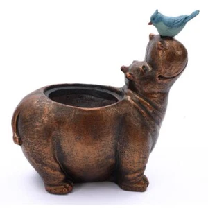LuxenHome Pot Planter Hippo Blue Bird MgO Resin Flower Novelty Indoor Brown - Picture 1 of 9
