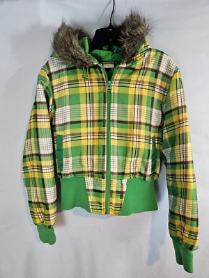 Girls Large Puffer Jacket Seventy Seven Fur Hooded Fun Green Plaid Zipper Front  - Image 1 of 4
