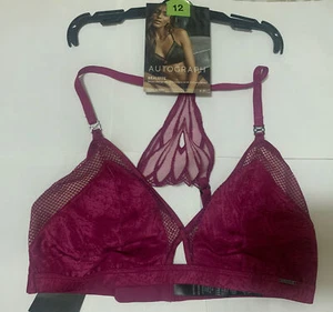M&S AUTOGRAPH SWISS EMBROIDERY & FISHNET NON WIRED BRALETTE In CERISE Size 12