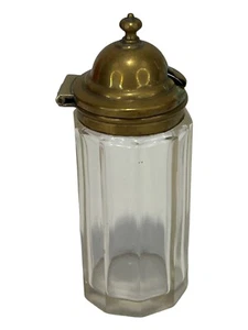 Antique Spice Sugar Dispenser Clear Glass Brass Flip Lid with Spoon Notch - Picture 1 of 8